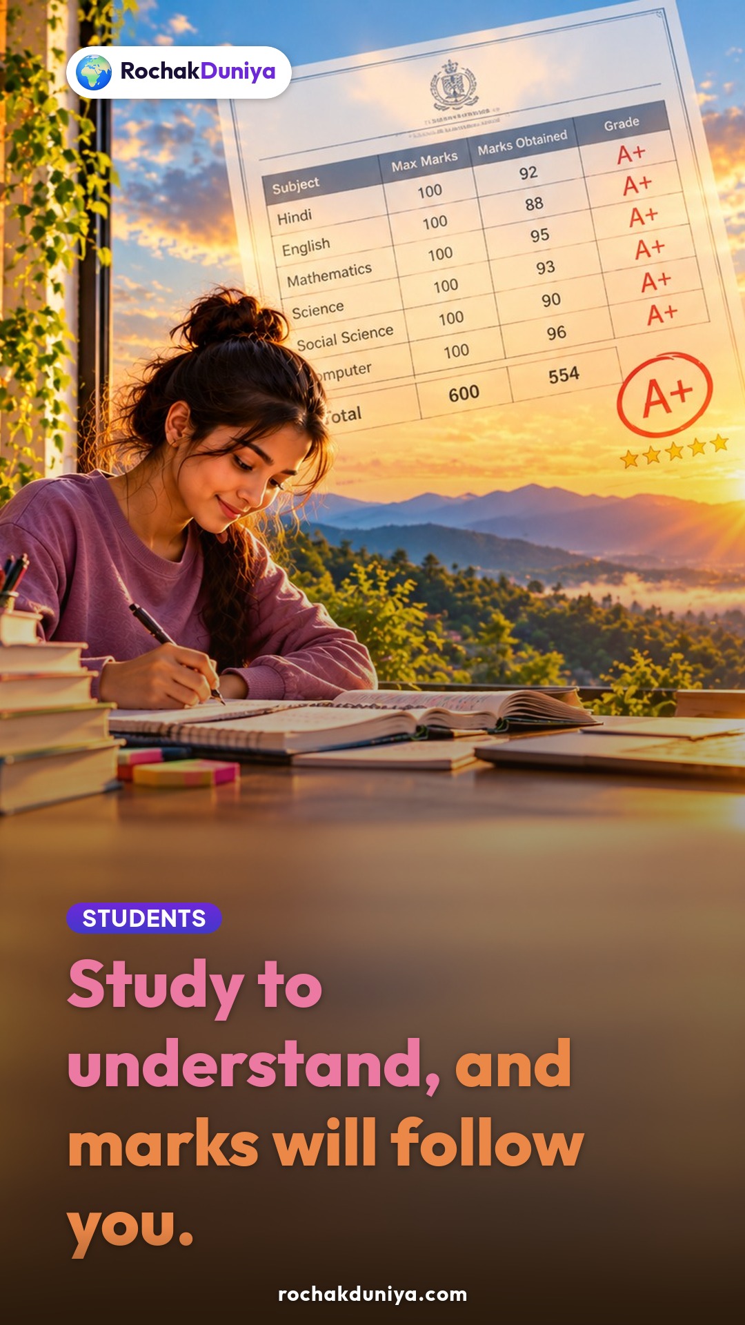 Poster: “Study to understand, and marks will follow you.”