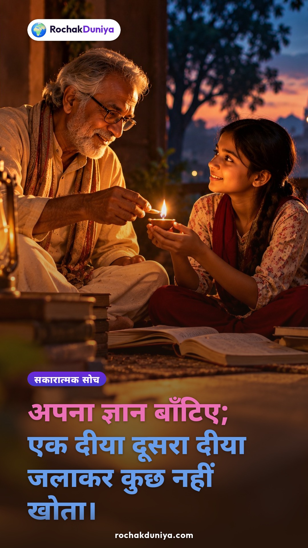 पोस्टर: “अपना ज्ञान बाँटिए; एक दीया दूसरा दीया जलाकर कुछ नहीं खोता।”
