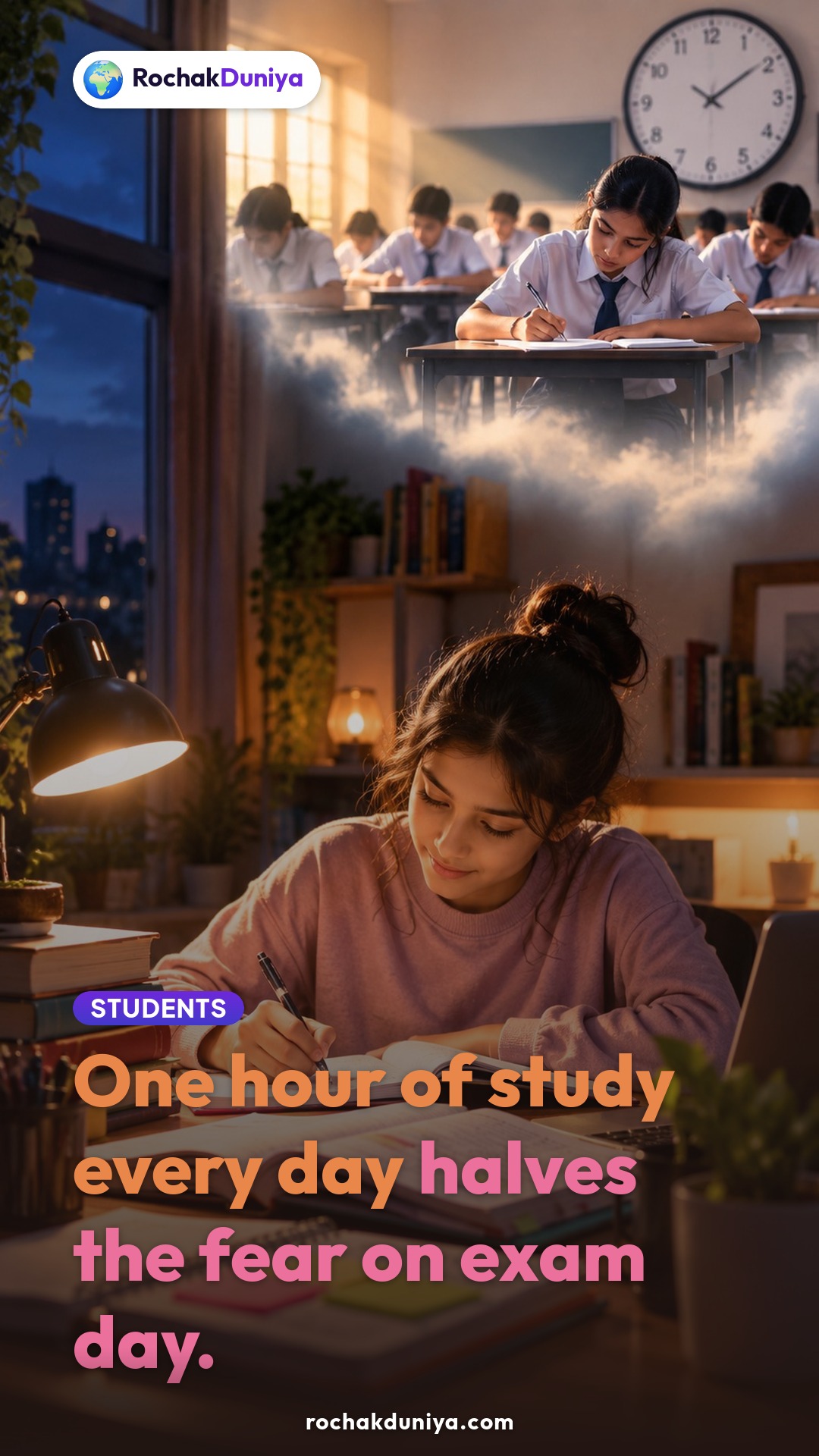 Poster: “One hour of study every day halves the fear on exam day.”