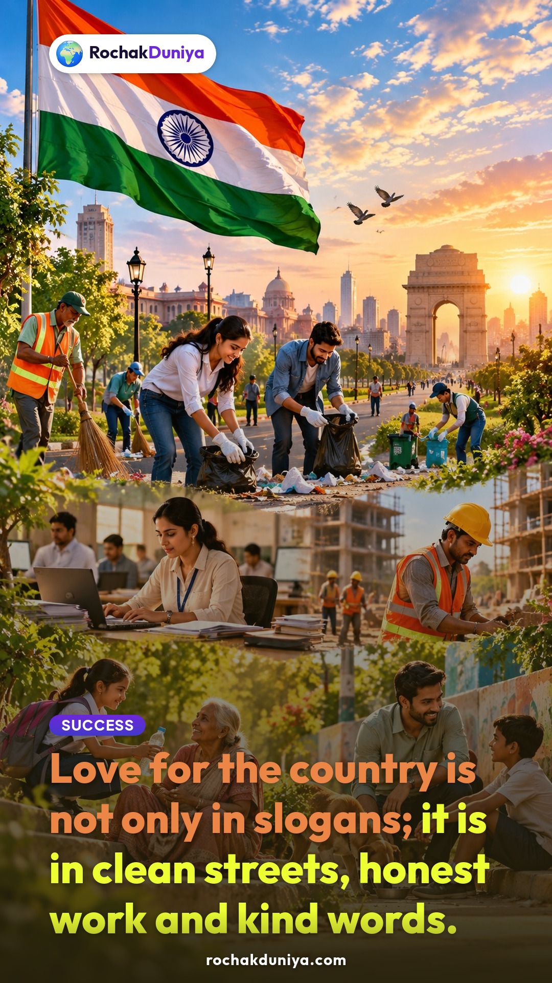 Poster: “Love for the country is not only in slogans; it is in clean streets, honest work and kind words.”