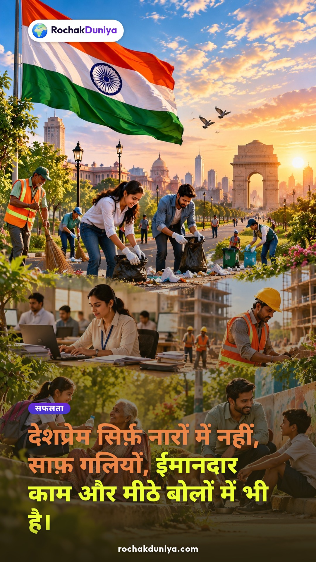 पोस्टर: “देशप्रेम सिर्फ़ नारों में नहीं, साफ़ गलियों, ईमानदार काम और मीठे बोलों में भी है।”