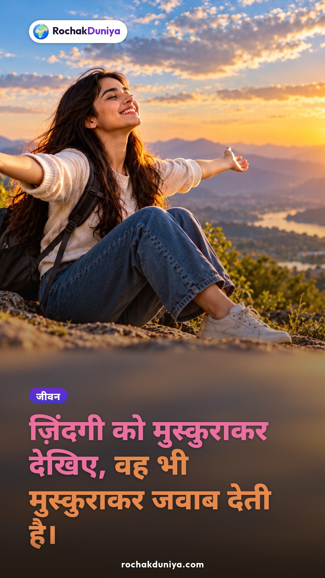 पोस्टर: “ज़िंदगी को मुस्कुराकर देखिए, वह भी मुस्कुराकर जवाब देती है।”