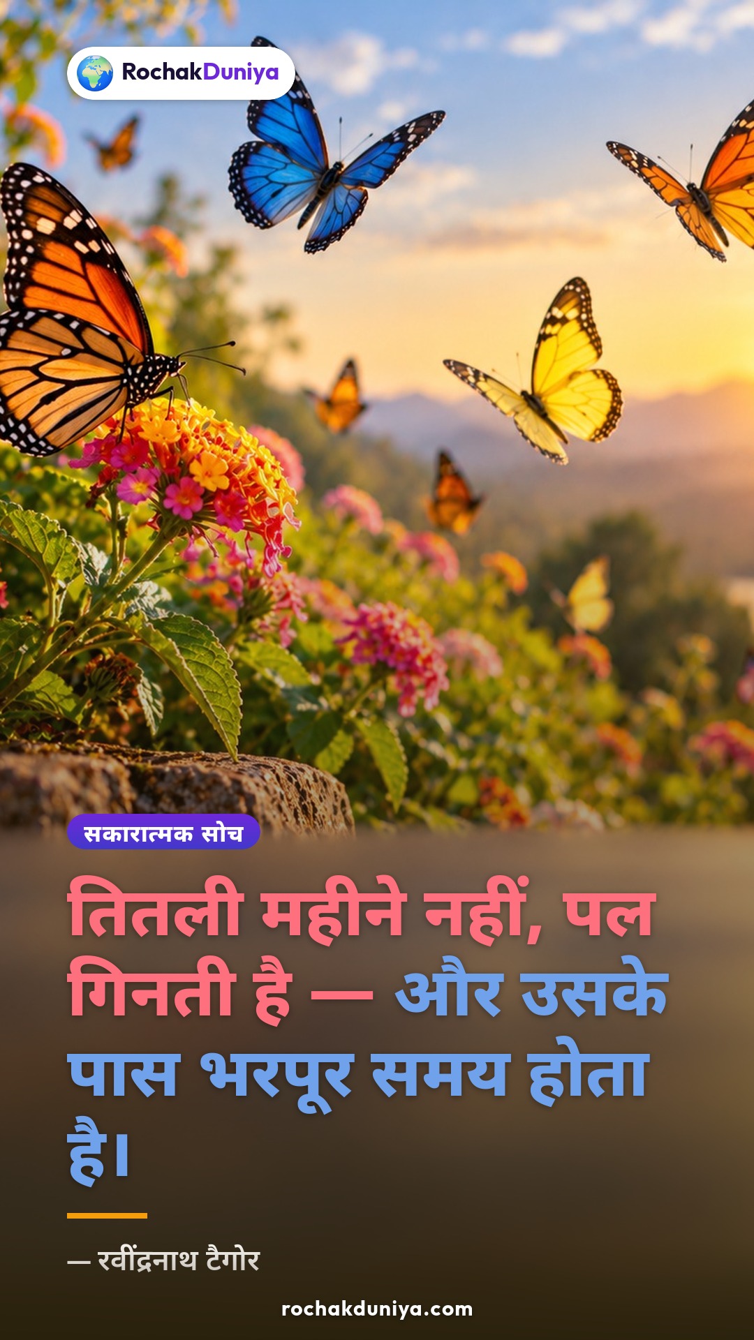पोस्टर: “तितली महीने नहीं, पल गिनती है — और उसके पास भरपूर समय होता है।”